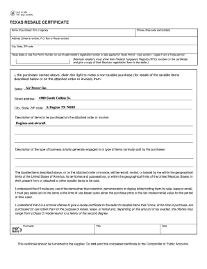 TEXAS RESALE CERTIFICATE Air Power Inc Form