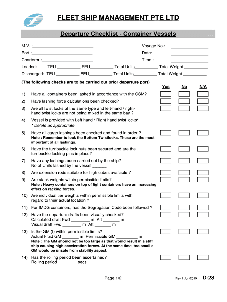  FLEET SHIP MANAGEMENT PTE LTD Departure Checklist Container Vessels M 2010-2024