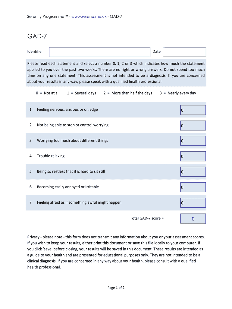 GAD 7 Generalised Anxiety Disorder Screening and Assessment  Form