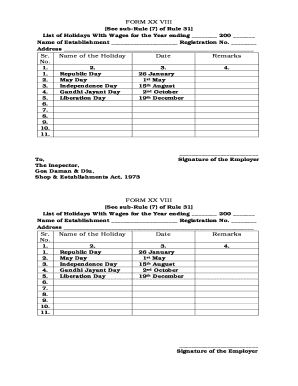 Form Xxviii List of Holidays