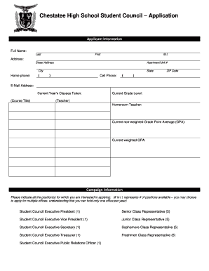 Chestatee High School Student Council Application Chs Hallco  Form