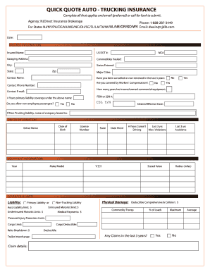 Rig Quote Non Fleet Trucking Application Tractor Trailer Insurance Application Less Than 10 Trucks  Form