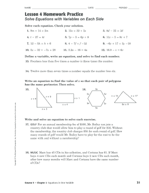 Lesson 4 Homework Practice Solve Equations with Variables on Each Side  Form