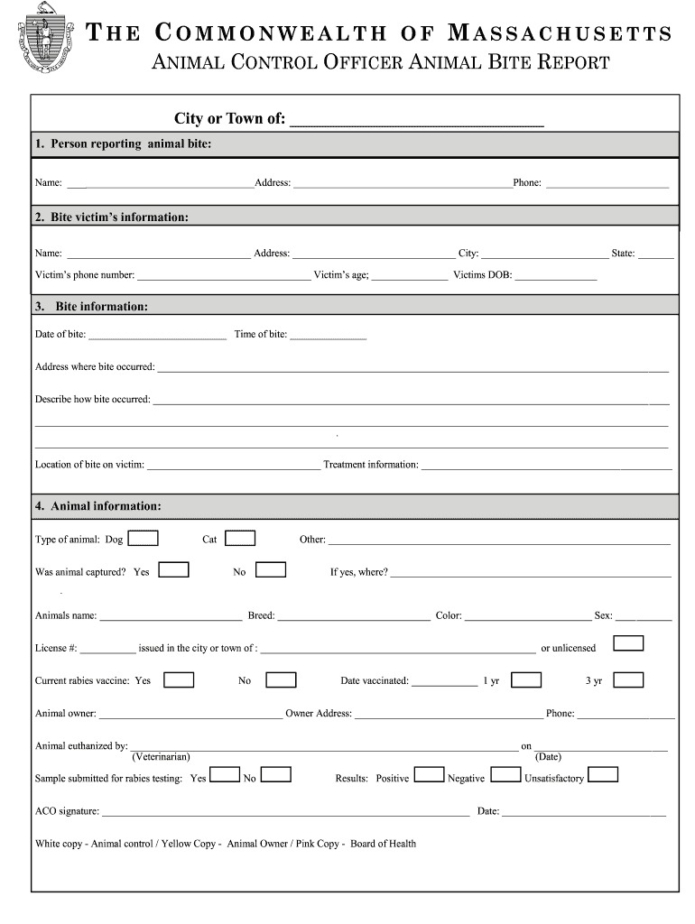 Animal Bite Reporting Form Massachusetts