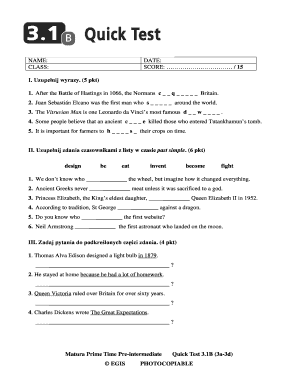 Matura Prime Time Pre Intermediate Quick Test 3 1B 3a 3d EGIS  Form