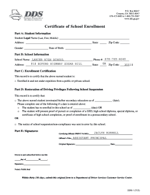 Certificate of School Enrollment  Form
