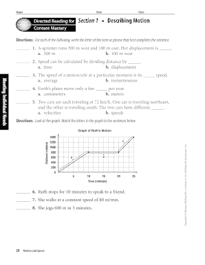 Directed Reading for Content Mastery Section 1 Describing Motion Answer Key  Form