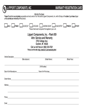 Warranty Registration Card Lippert Components Inc  Form