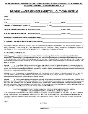 Raisch Creek off Road Park Membership Application  Form