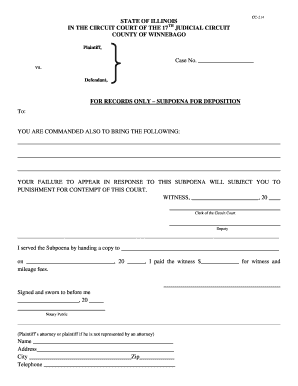 Subpoena for Deposition Records Only Winnebago County Circuit  Form