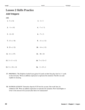 Lesson 2 Homework Practice Add Integers  Form
