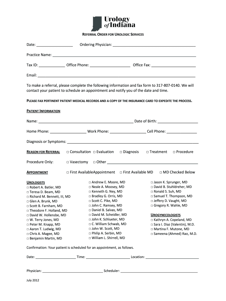  REFERRAL ORDER for UROLOGIC SERVICES  Urology of Indiana 2012-2024