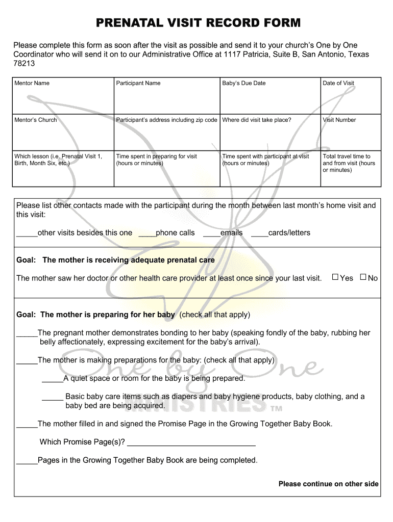 PRENATAL VISIT RECORD FORM  One by One Ministries  Onebyoneusa