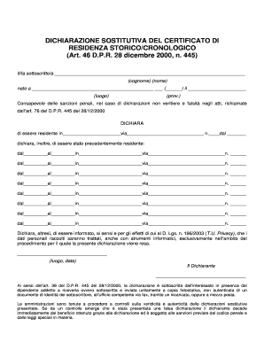 DICHIARAZIONE SOSTITUTIVA DEL CERTIFICATO DI RESIDENZA STORICOCRONOLOGICO Art Comune Malalbergo Bo  Form