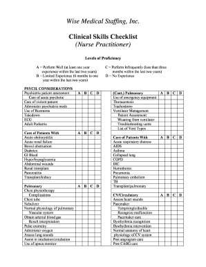 Nurse Practitioner Clinical Skills List  Form