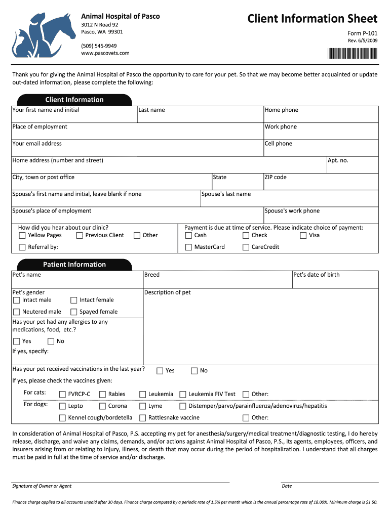  Animal Hospital of Pasco Client Information Sheet 2009-2024