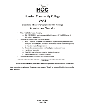 VAST Academy Admissions Application &amp; Recommendation Form Vast Hccs