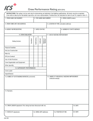 Crew Performance Rating ICS 224 INSTRUCTIONS This Rating is to Be Used Only for Determining an Individuals Fire Fighting Qualifi