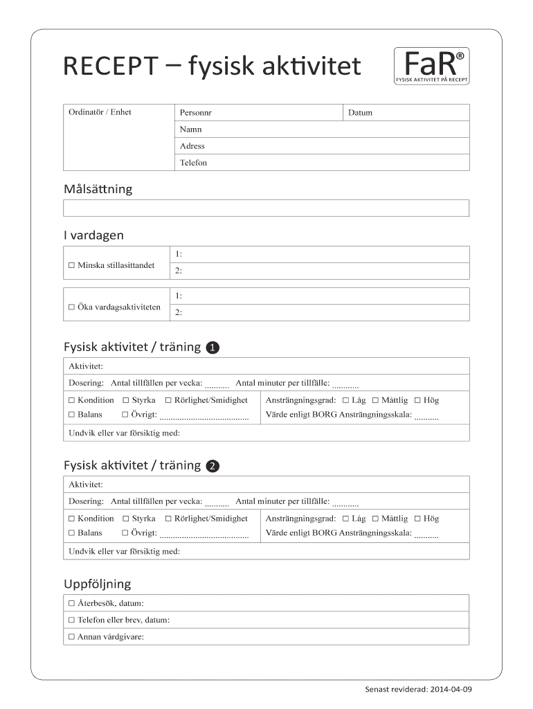 Fysisk Aktivitet P Recept  Form