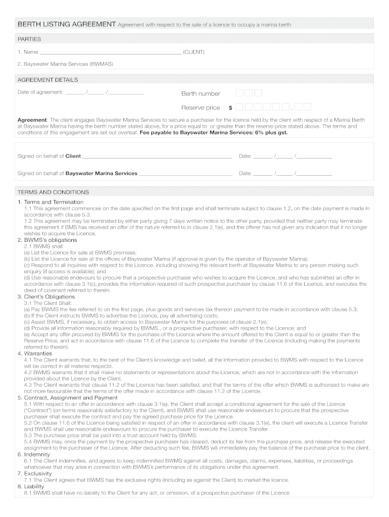 Berth Listing Agreement Indd Bayswater Marina  Form