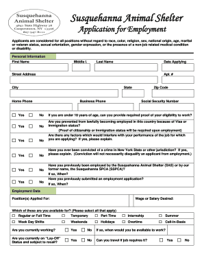 Employment Application Susquehanna Animal Shelter Susquehannaanimalshelter  Form