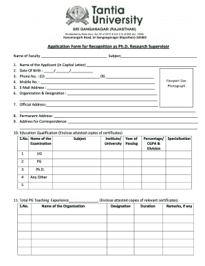 Application Form for Recognition as PhD Research Supervisor