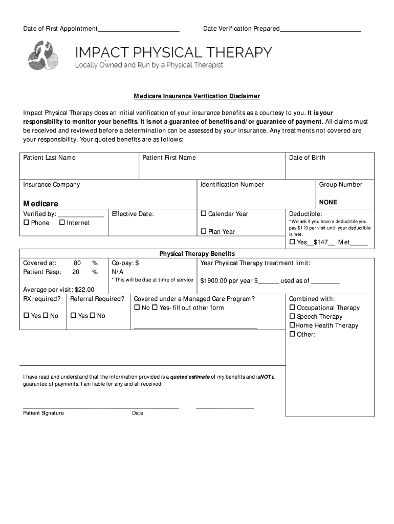 Medicare Insurance Verification Form Impact Physical Therapy Impactpt