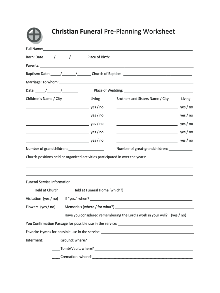 Christian Funeral Pre Planning Worksheet  Form