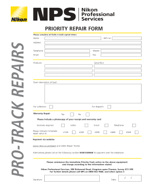 PRIORITY REPAIR FORM PRO TRACK REPAIRS Nikon UK Nikon Co