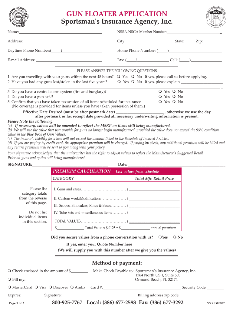 GUN FLOATER APPLICATION Sportsman039s Insurance Agency Inc  Form