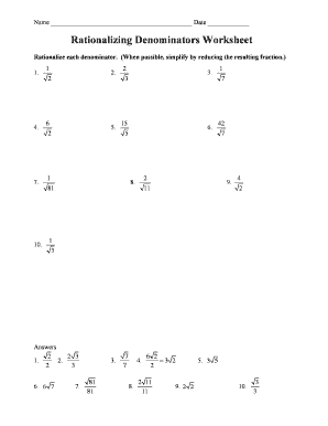 Rationalize the Denominator Worksheet  Form