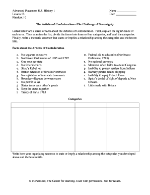 The Articles of Confederation the Challenge of Sovereignty Answer Key  Form