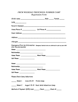FBCM WEEKDAY PRESCHOOL SUMMER CAMP Registration Form