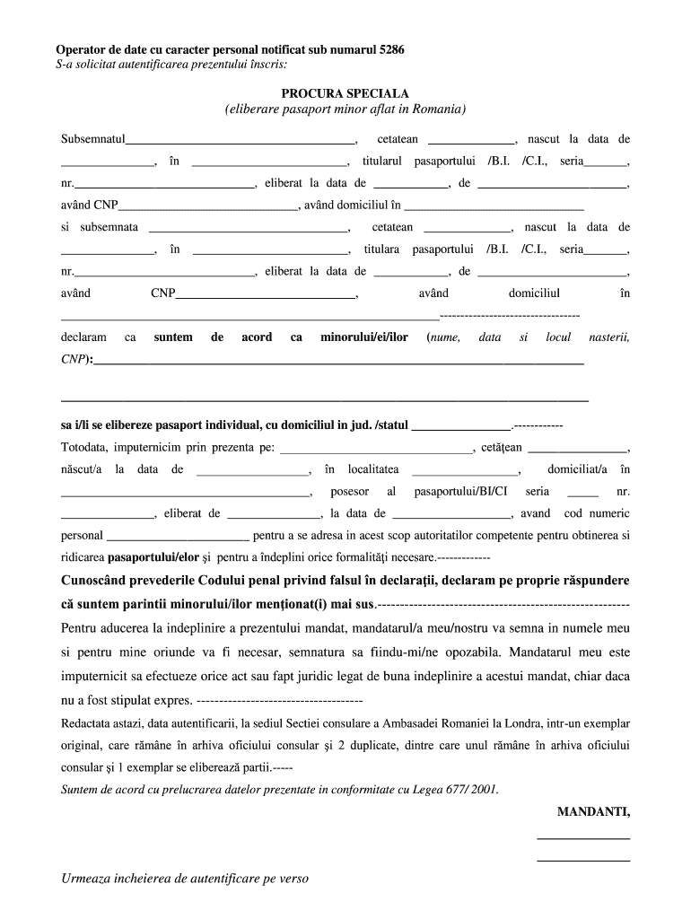 Eliberare Pasaport Minor Aflat in Romania  Form