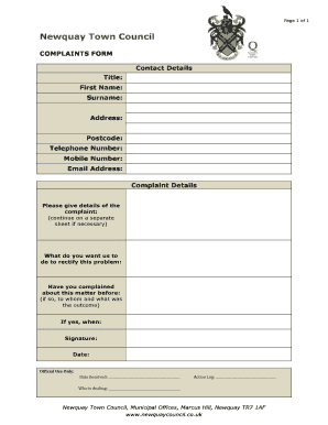 Complaints Form Newquay Town Council Newquaycouncil Co