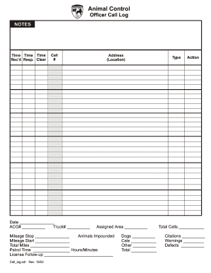 Animal Control Officer Call Log Wwwaco Acts  Form