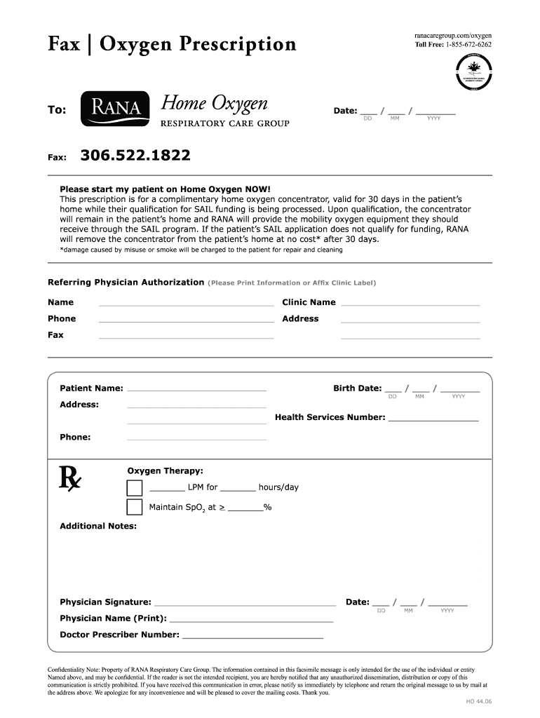 Fax Oxygen Prescription RANA Respiratory Care Group  Form