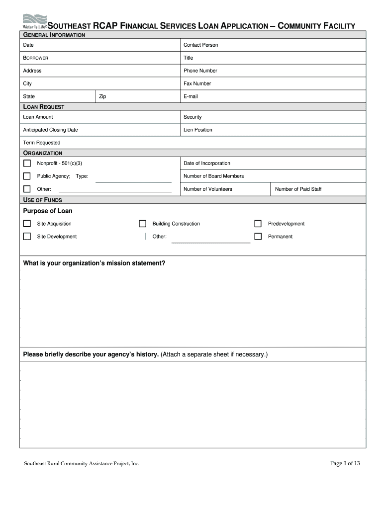 SOUTHEAST RCAP FINANCIAL SERVICES LOAN APPLICATION COMMUNITY FACILITY Sercap  Form