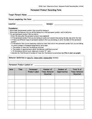 Permanent Product Recording  Form