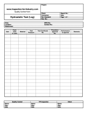 Piping Hydrostatic Test Log Quality Control and Inspection Report Form