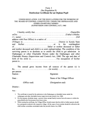 Destitution Certificate for a Non Orphan Pupil  Form