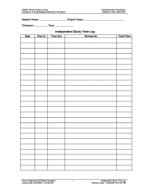 Senior Project Independent Study Time Log Vernon Regional Adult  Form