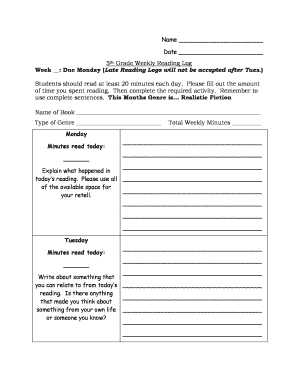 Date 5th Grade Weekly Reading Log Week Jeffersonacademy Org  Form