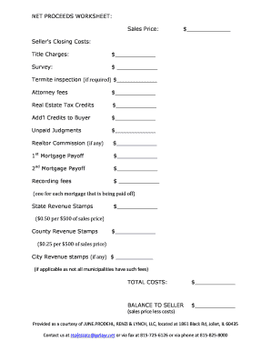 NET PROCEEDS WORKSHEET Sales Price $ Seller&amp;#39;s Jprlaw  Form