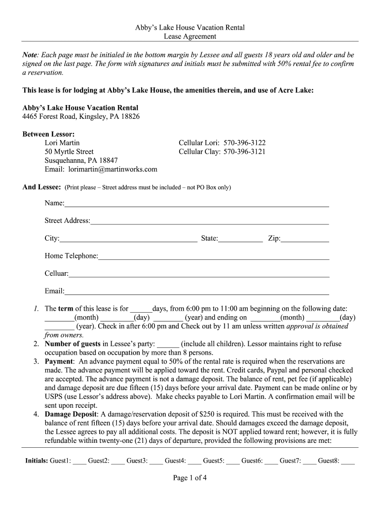 Abby39s Lake House Vacation Rental BLease Agreementb Page 1 of 4 Bb  Form