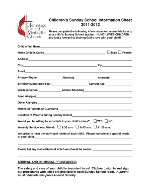 Sunday School Information Sheet