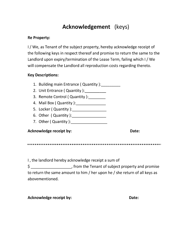 Tenant Key Receipt Acknowledgement Form