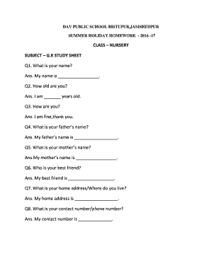 CLASS NURSERY SUBJECT GK STUDY SHEET Davbistupur  Form