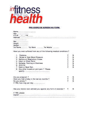 Pre Exercise Screening Form Template