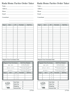 Rada Home Parties Order Taker  Form